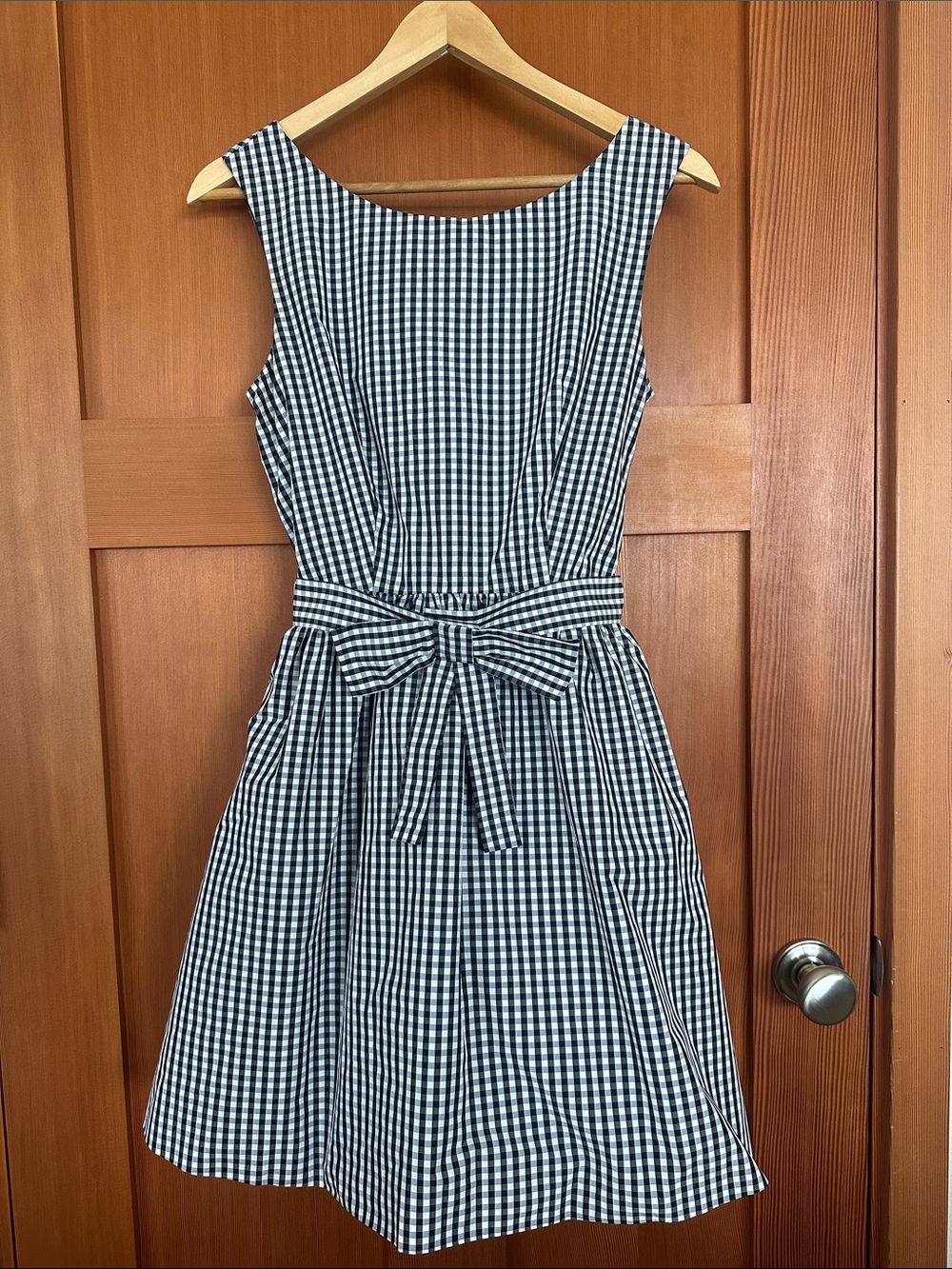 Jack Wills Navy and White Gingham Fit-and-Flare Dress with Bow Belt